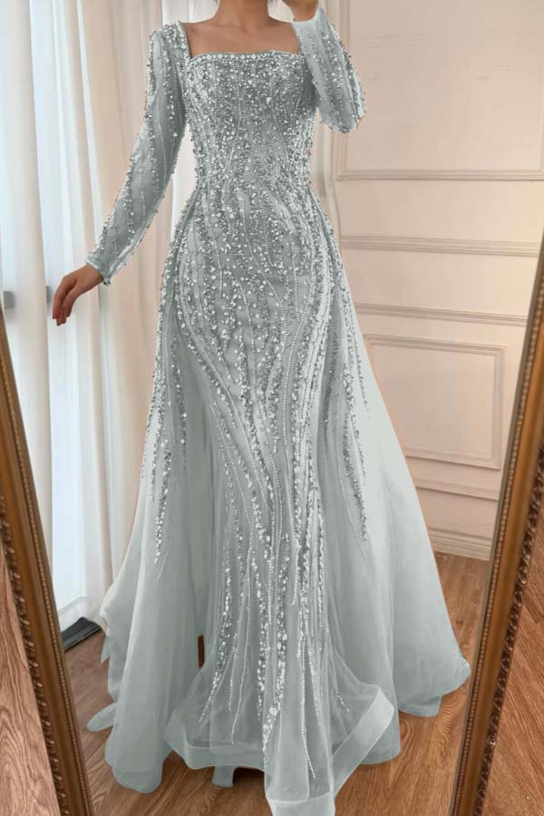 Square Neck Long Sleeves Long Mermaid Prom Dress With Beading Tulle WQ0442