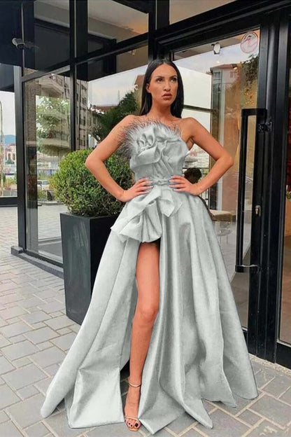 Black Long Split Prom Dress With Feather | Zelldresses