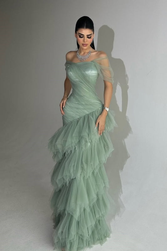 Dusty Sage Off-The-Shoulder Layered Elegant Strapless Prom Dress ZH0018