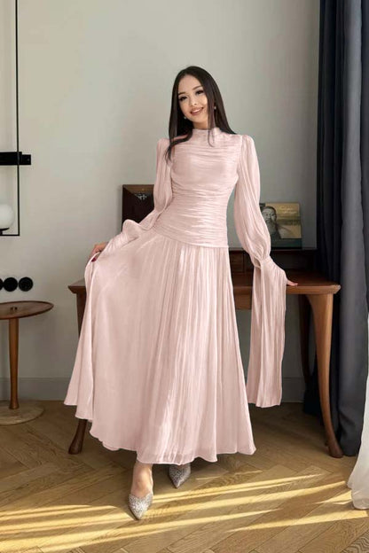 Playful Blue High-Neck Prom Dress Long Sleeves Pleated Floor Length CY0252