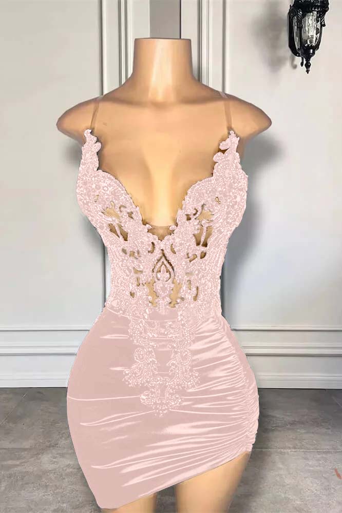 Hellodresses Black Spaghetti Strap Sleeveless Pleated Short Homecoming Dress With Appliques