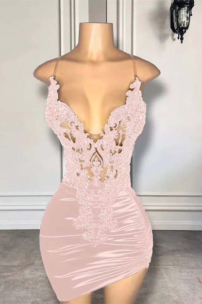 Hellodresses Black Spaghetti Strap Sleeveless Pleated Short Homecoming Dress With Appliques