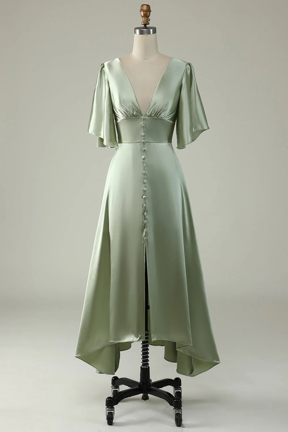 A Line Deep V Neck Light Green Bridesmaid Dress with Half Sleeves YU0057