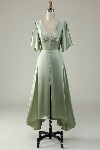 A Line Deep V Neck Light Green Bridesmaid Dress with Half Sleeves YU0057