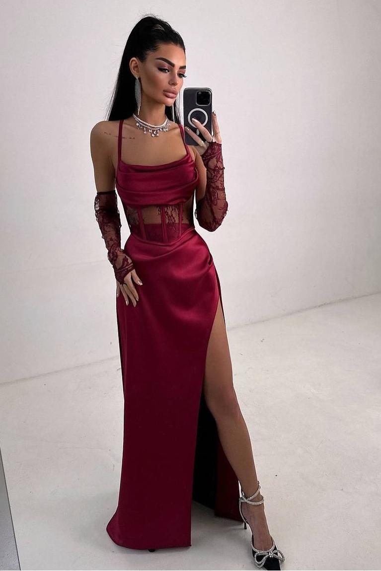 Chic Black Satin Halter Strapless Sleeveless Lace Split Prom Dress with Gloves | Zelldresses