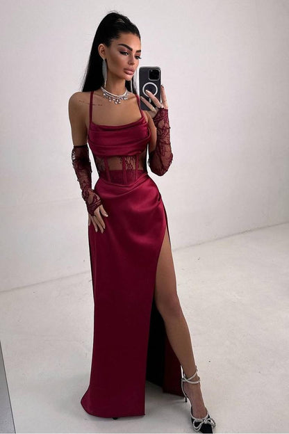 Chic Black Satin Halter Strapless Sleeveless Lace Split Prom Dress with Gloves | Zelldresses