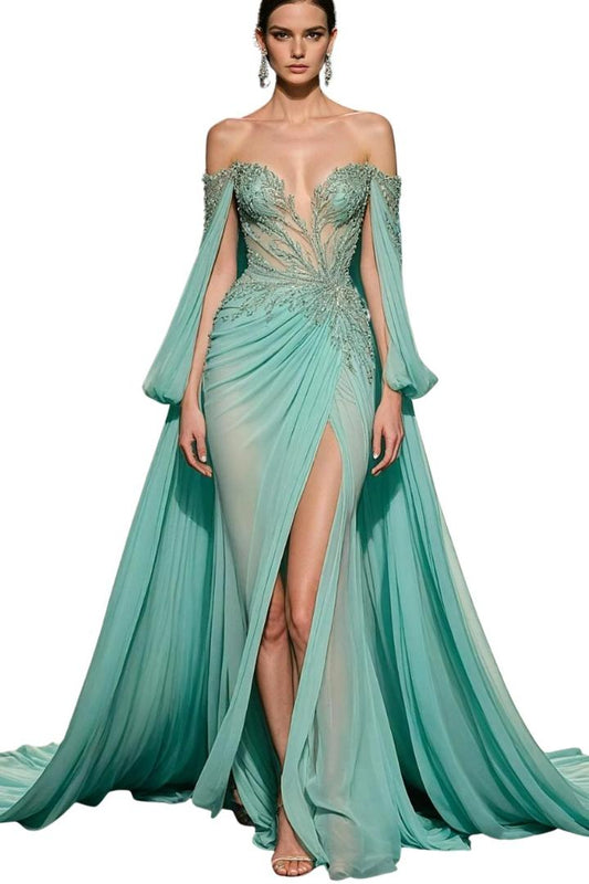 Off the Shoulder Sleeveless Long Split Prom Dress With Appliques XJ0911