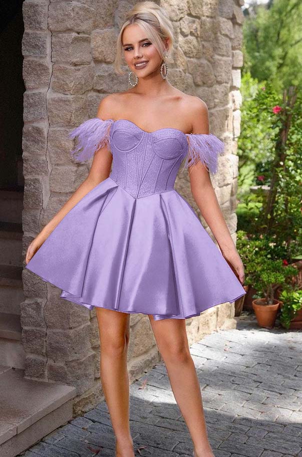 Off the Shoulder Sweetheart Sleeveless Short A Line Homecoming Dress With Feather HC0176