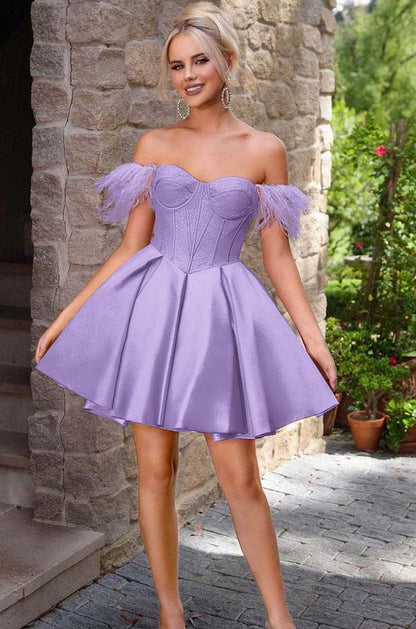 Off the Shoulder Sweetheart Sleeveless Short A Line Homecoming Dress With Feather HC0176
