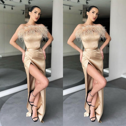 Champagne Strapless Sleeveless Mermaid Long Split Prom Dress With Feathers PD0453