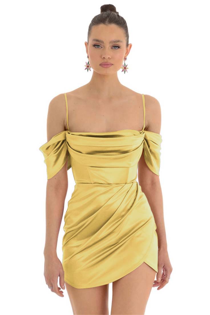 Hellodresses Simple Fuchsia Satin Spaghetti Strap Off the Shoulder Pleated Short Homecoming Dress