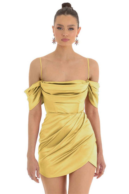 Hellodresses Simple Fuchsia Satin Spaghetti Strap Off the Shoulder Pleated Short Homecoming Dress