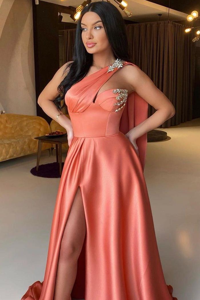 Glamorous Satin One Shoulder Sleeveless Sweetheart Split Prom Dress with Beadings | Zelldresses