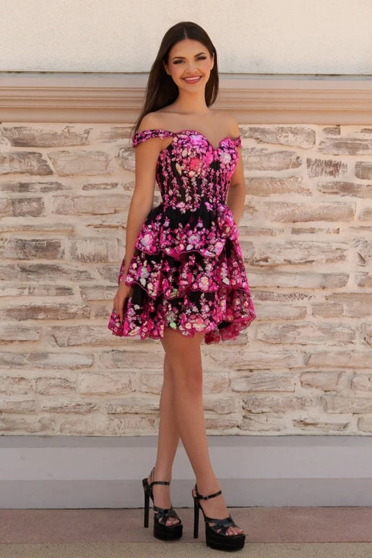 Refined Off-the-Shoulder Sweetheart Homecoming Dress Ruffles Mini with Sequins CY0085
