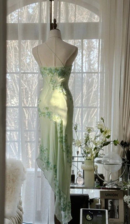 Gentle Green Sheath One Shoulder Beaded Chiffon Party Dress Evening Dress SH2816