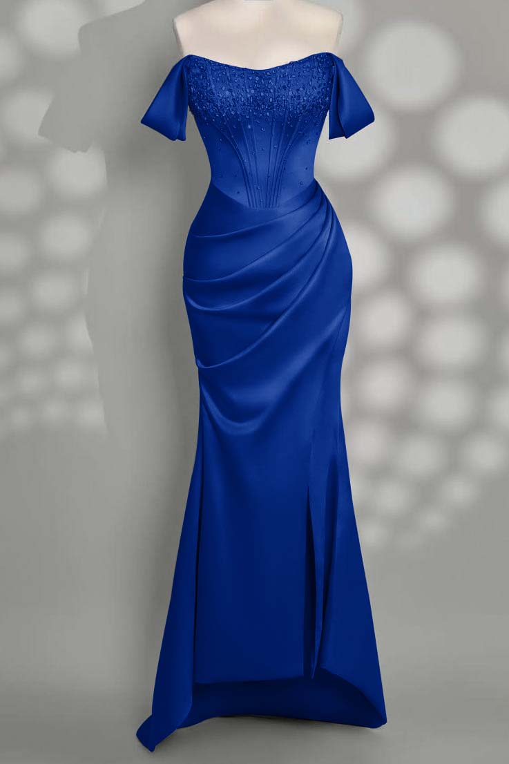 Charming Taupe Satin Off the Shoulder Strapless Long Split Prom Dress with Beadings | Zelldresses