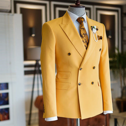 Double Breasted Unique Yellow Bepoke Party Prom Suits With Peaked Lapel | Zelldresses