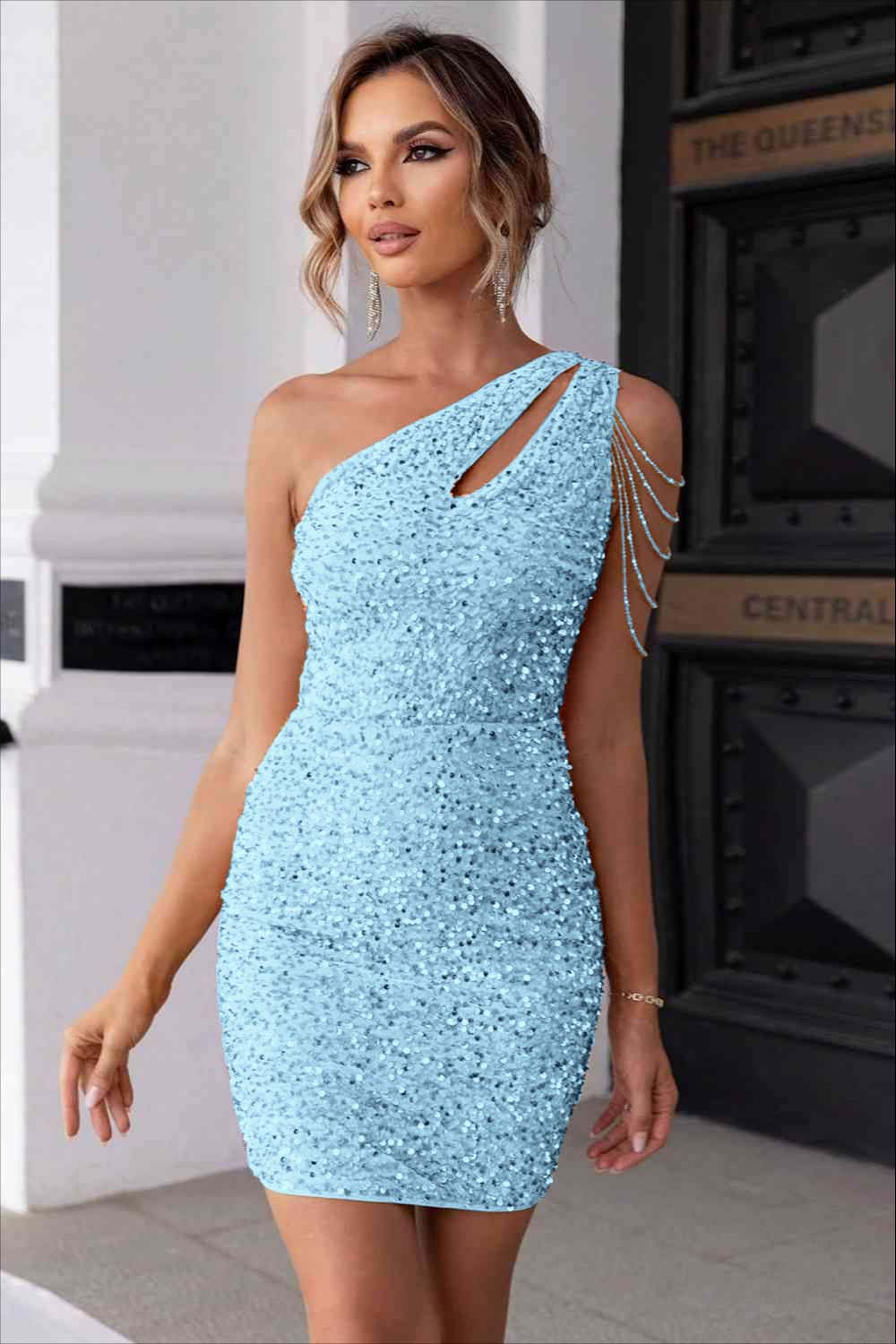 Sexy Champagne Sequins One Shoulder Short Homecoming Dress With Beadings HC0029