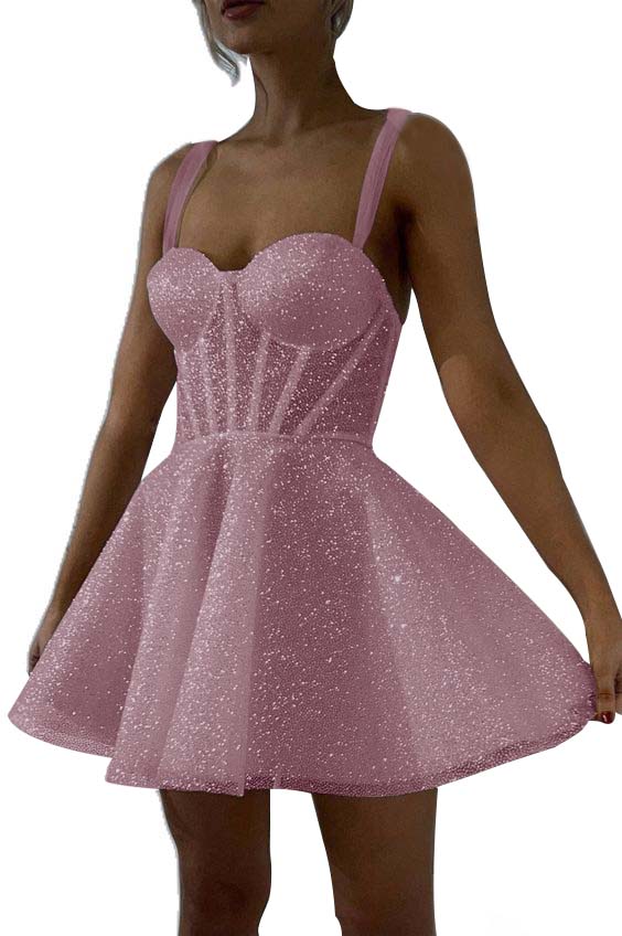 Hellodresses White Sequins Spaghetti Strap Sleeveless A Line Short Homecoming Dress