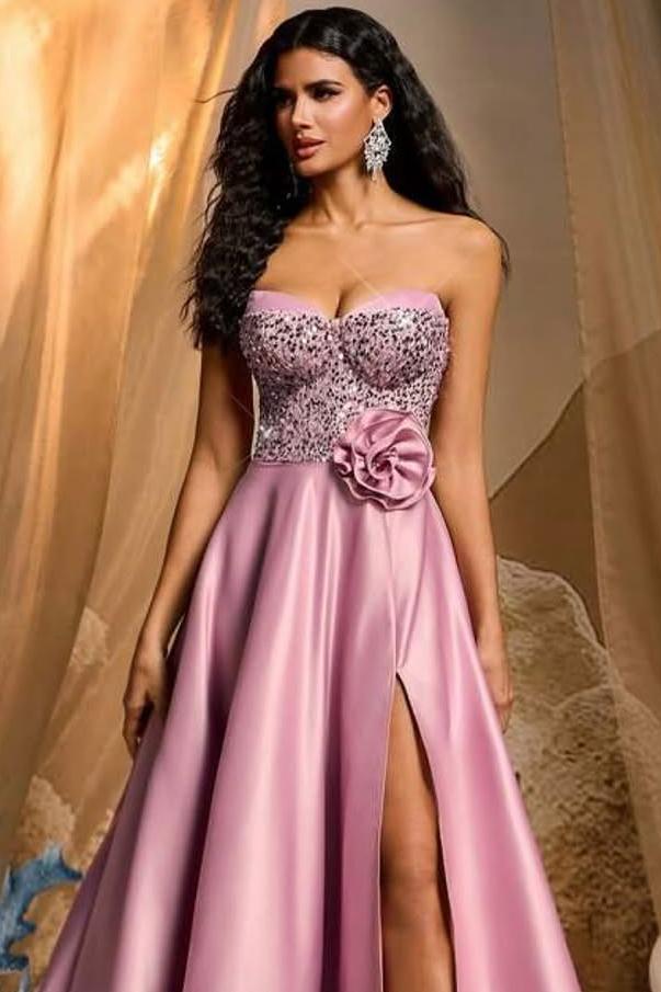 Beautiful Dusty Rose Satin Sleeveless Strapless Sweetheart Split Prom Dress with Sequins | Zelldresses