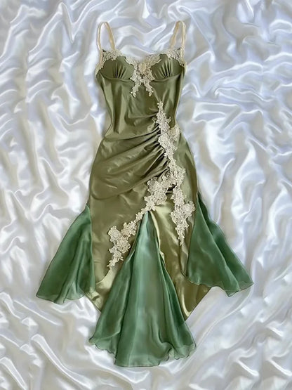 Gentle Mermaid Spaghetti Straps Appliques Green Satin Party Dress Evening Dress SH2902