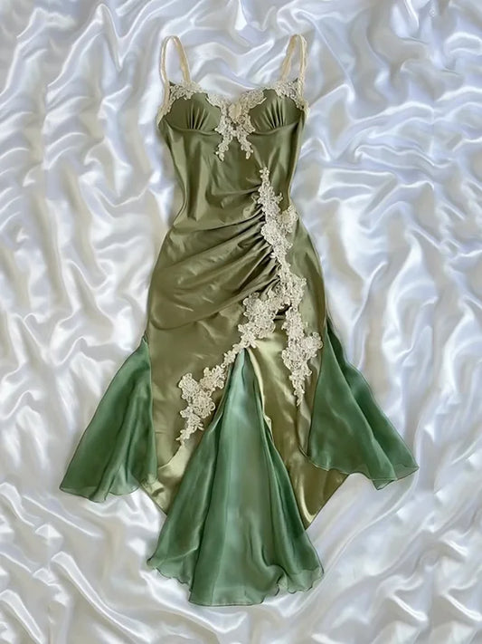 Gentle Mermaid Spaghetti Straps Appliques Green Satin Party Dress Evening Dress SH2902