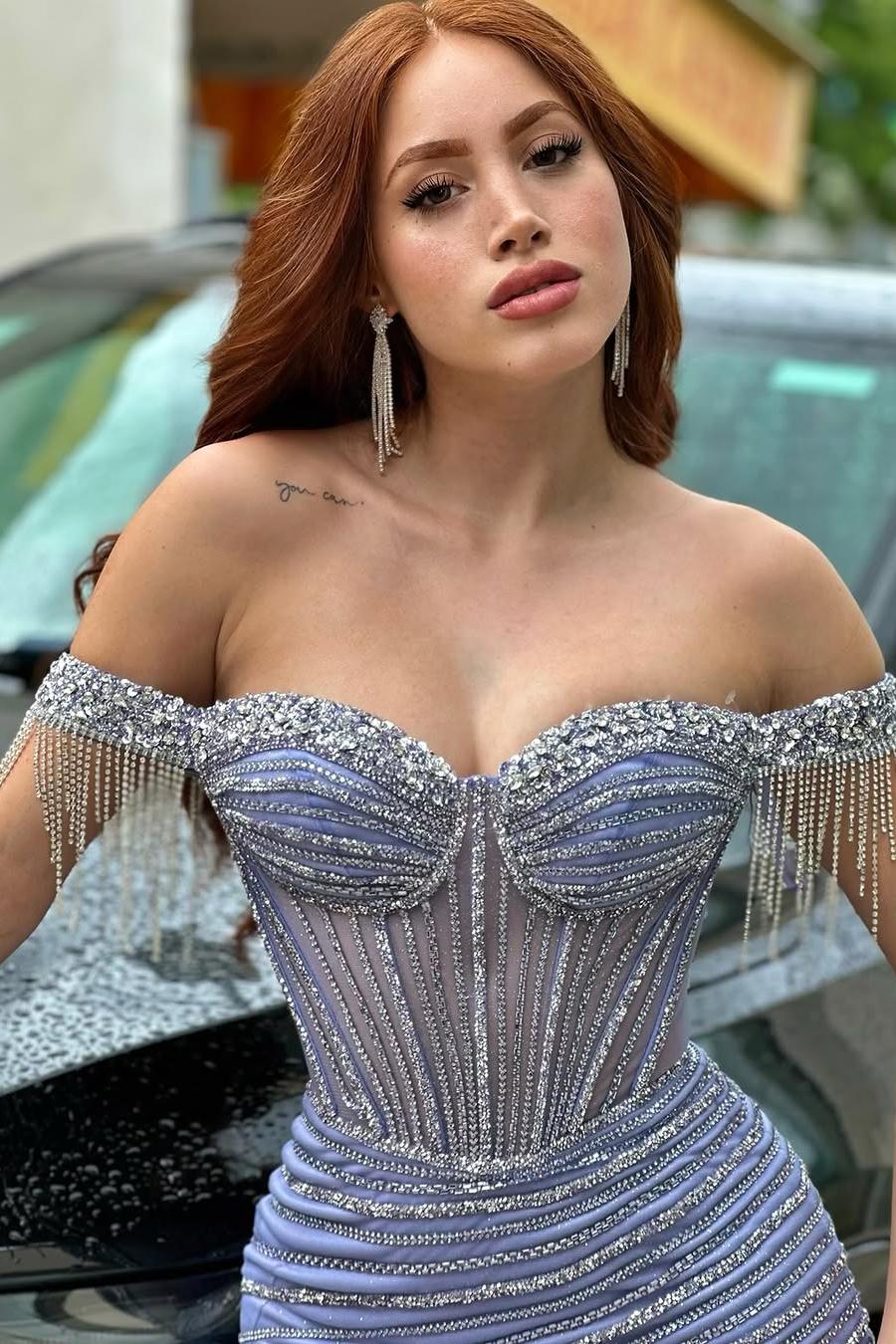 Beautiful Champange Sequins Off the Shoulder Strapless Sweetheart Long Split Prom Dress with Beadings | Zelldresses