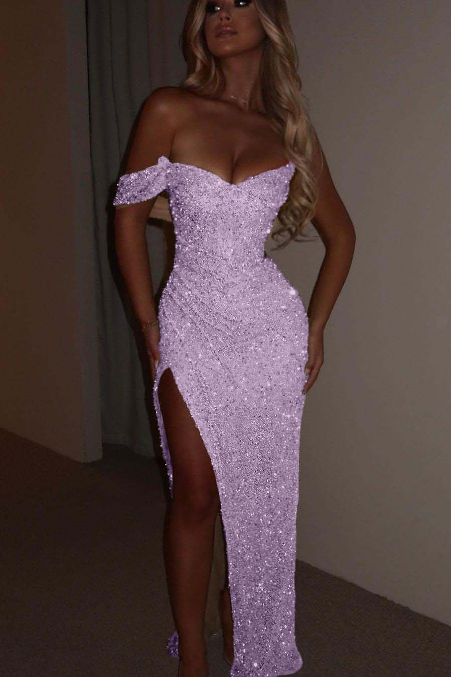 Glamorous Sequins One Shoulder Spaghtti Strap Long Pleated Prom Dress with Split | Zelldresses