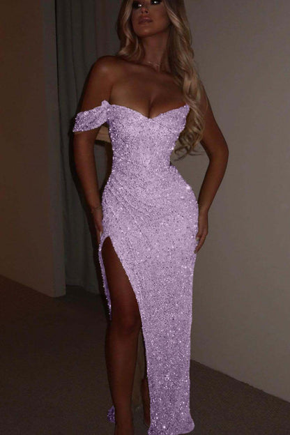 Glamorous Sequins One Shoulder Spaghtti Strap Long Pleated Prom Dress with Split | Zelldresses