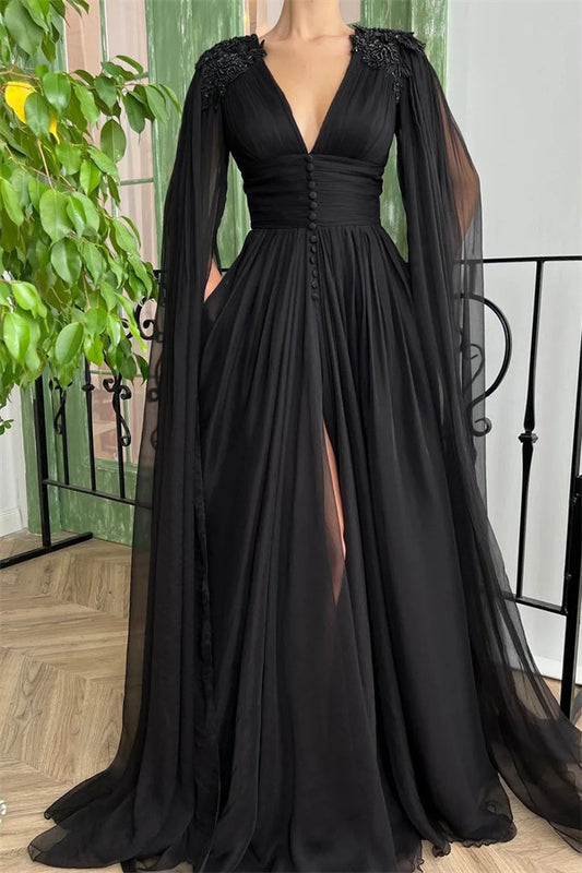 Elegant Black V-neck Long Sleeve Applique Front Split Prom Dress ED0523