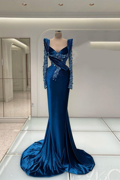 Royal Blue Prom Dress Long Sleeves Mermaid Charmeuse Beadings YL0273
