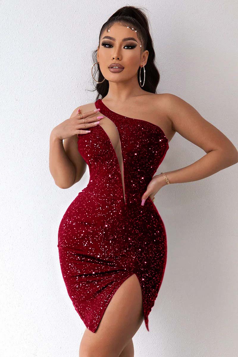 Hellodresses Black One Shoulder Sleeveless Short Homecoming Dress Sequins With Split