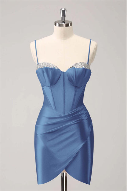 Hellodresses Pink Spaghetti Strap Sleeveless Pleated Short Homecoming Dress With Sequins