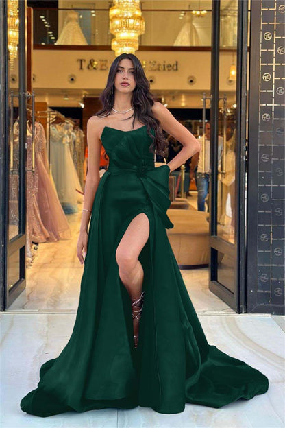 Hellodresses Chic Navy Blue Strapless Sleeveless Long Split Prom Dress With Bowknot