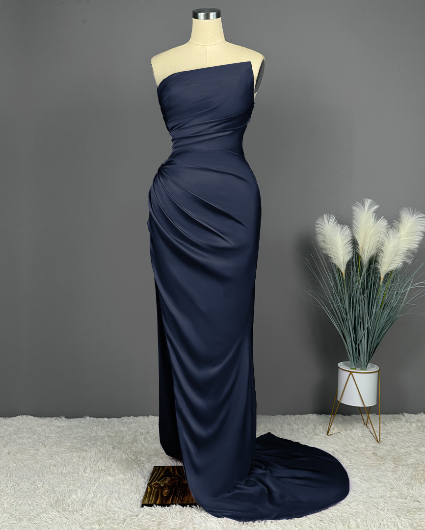 Simple Blue Prom Dress Sleeveless Charmeuse Gown With High Slit PLeated X0002