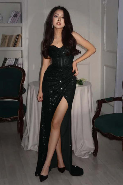 Sequin Strapless Sleeveless Long High Split Prom Dress With Pleated YK0006