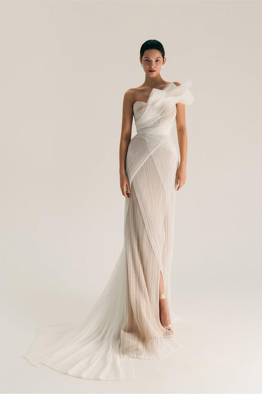 Chic One Shoulder Sleeveless Long Split Prom Dress With Pleated XJ0906