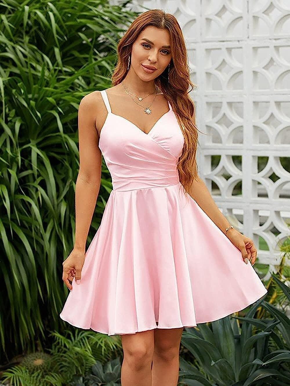 Pink Satin V Neck Spaghetti Strap Sleeveless Pleated Short Homecoming Dress YZTS072