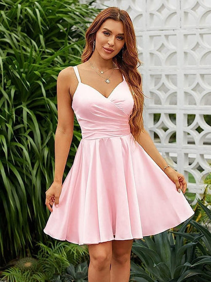 Pink Satin V Neck Spaghetti Strap Sleeveless Pleated Short Homecoming Dress YZTS072