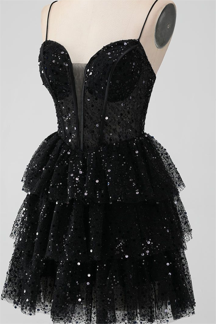 Black Sequins Spaghetti Strap Sleeveless Short Homecoming Dress With Ruffles HC0017