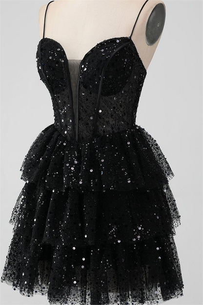Black Sequins Spaghetti Strap Sleeveless Short Homecoming Dress With Ruffles HC0017