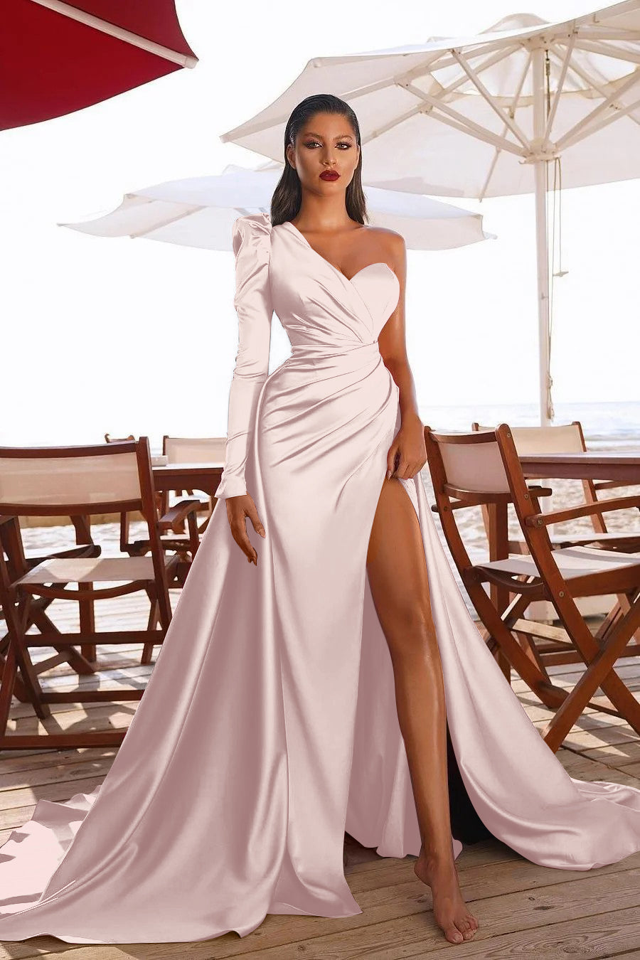 One Shoulder Long Sleeves Prom Dres With Split PD0105