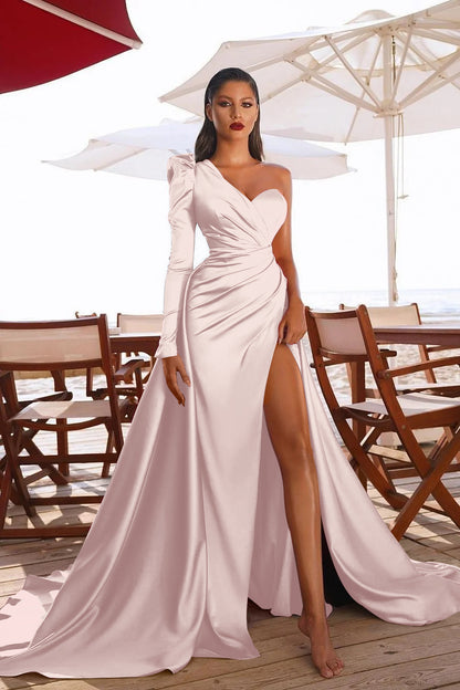 One Shoulder Long Sleeves Prom Dres With Split PD0105