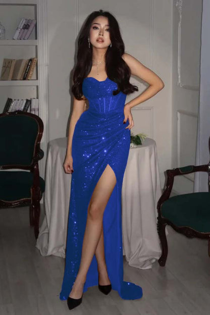 Sequin Strapless Sleeveless Long High Split Prom Dress With Pleated YK0006