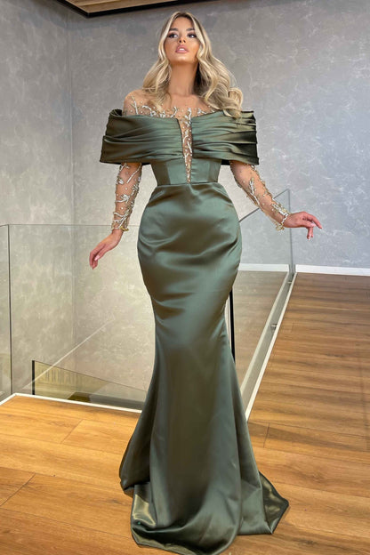 Green Prom Dress Off-the-shoulder Long Sleeves Beaded Embellished Mermaid Dress YL0193