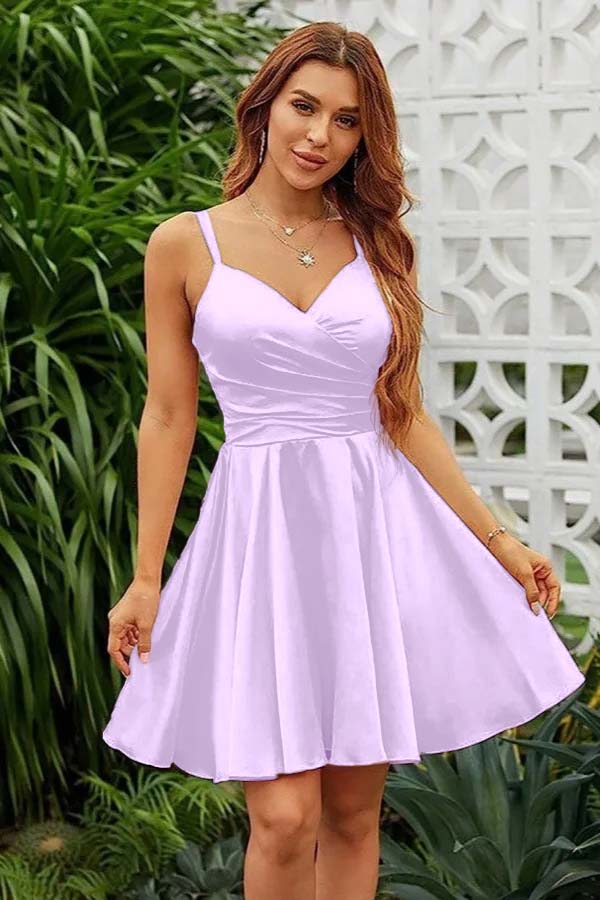 Pink Satin V Neck Spaghetti Strap Sleeveless Pleated Short Homecoming Dress YZTS072