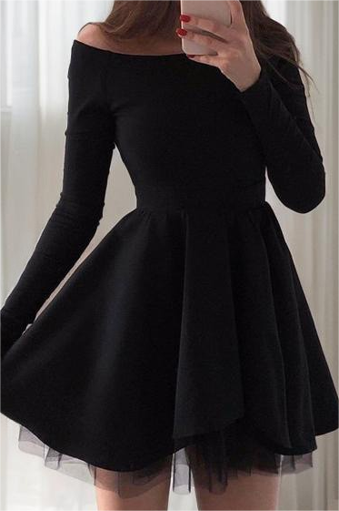 Black Spandex Off the Shoulder Long Sleeves A Line Homecoming Dress with Ruffles HC0046