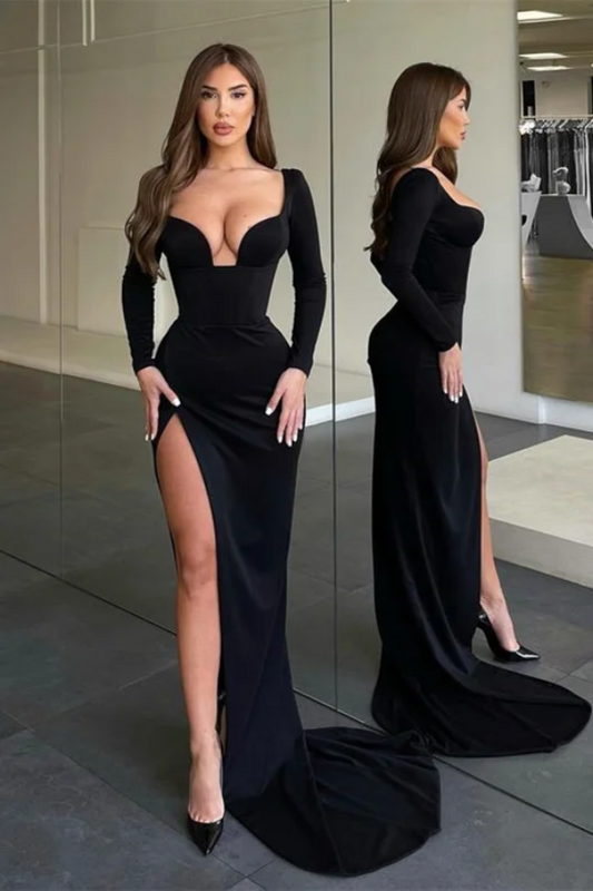 Long Sleeves Long Mermaid High Split Prom Dress With Pleated JQ0020