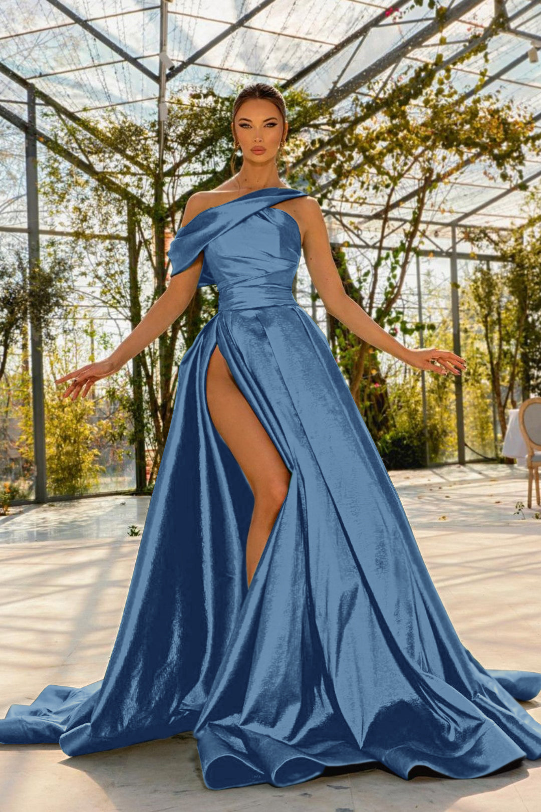 Green Prom Dress One Shoulder Satin With High Split YL0177