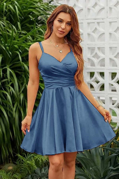 Pink Satin V Neck Spaghetti Strap Sleeveless Pleated Short Homecoming Dress YZTS072